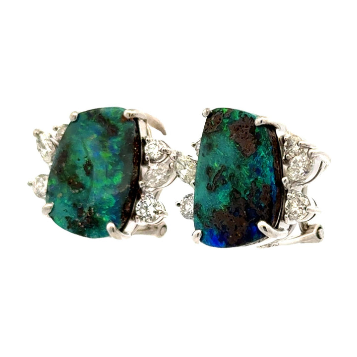 Diamond Cabochon Black Opal 14 Karat White Gold Leverback Vintage Earrings