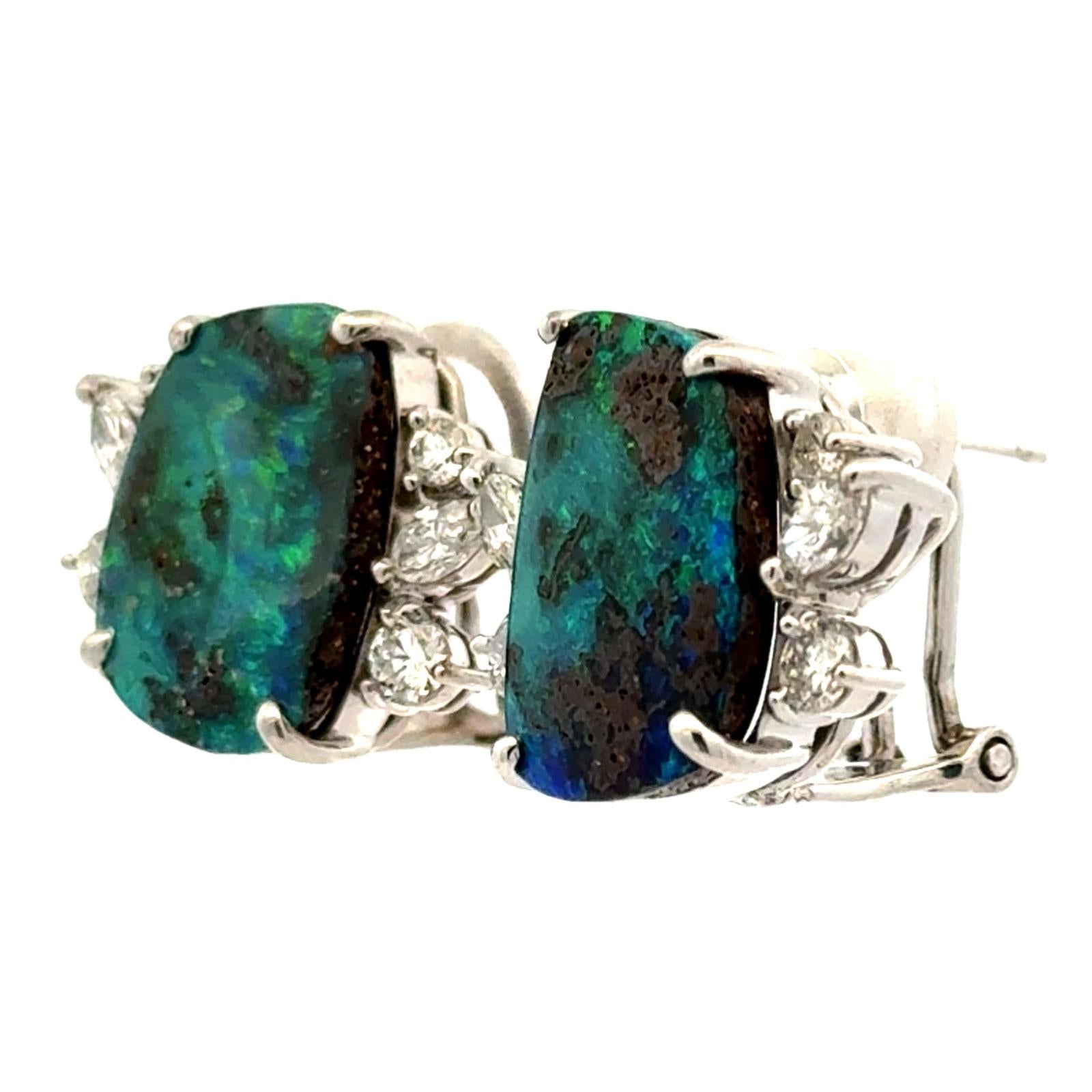 Diamond Cabochon Black Opal 14 Karat White Gold Leverback Vintage Earrings