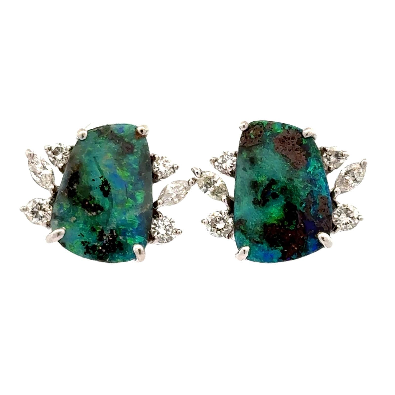 Diamond Cabochon Black Opal 14 Karat White Gold Leverback Vintage Earrings