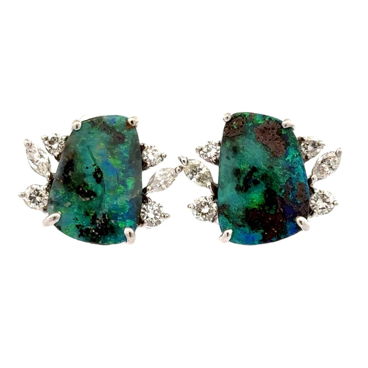 Diamond Cabochon Black Opal 14 Karat White Gold Leverback Vintage Earrings