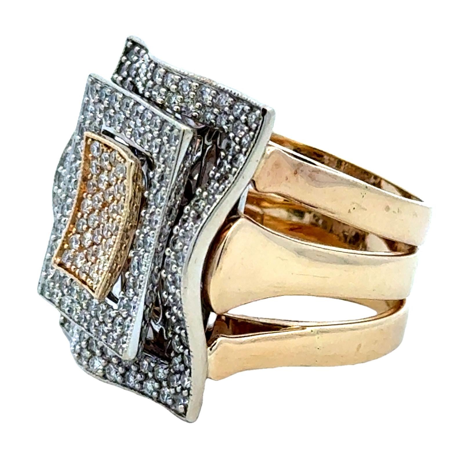 Square Top Pavé Diamond 14 Karat Two Tone Gold Cocktail Statement Modern Ring