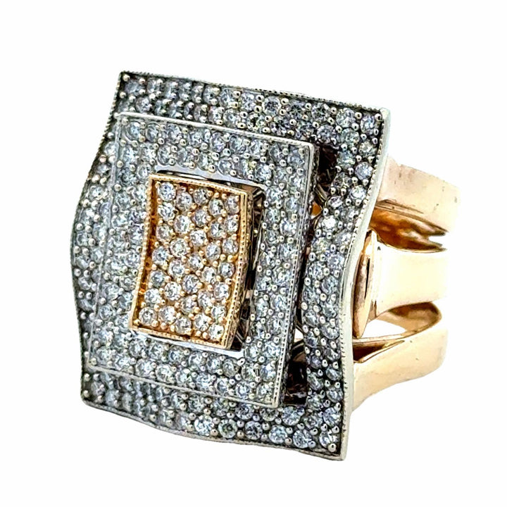 Square Top Pavé Diamond 14 Karat Two Tone Gold Cocktail Statement Modern Ring