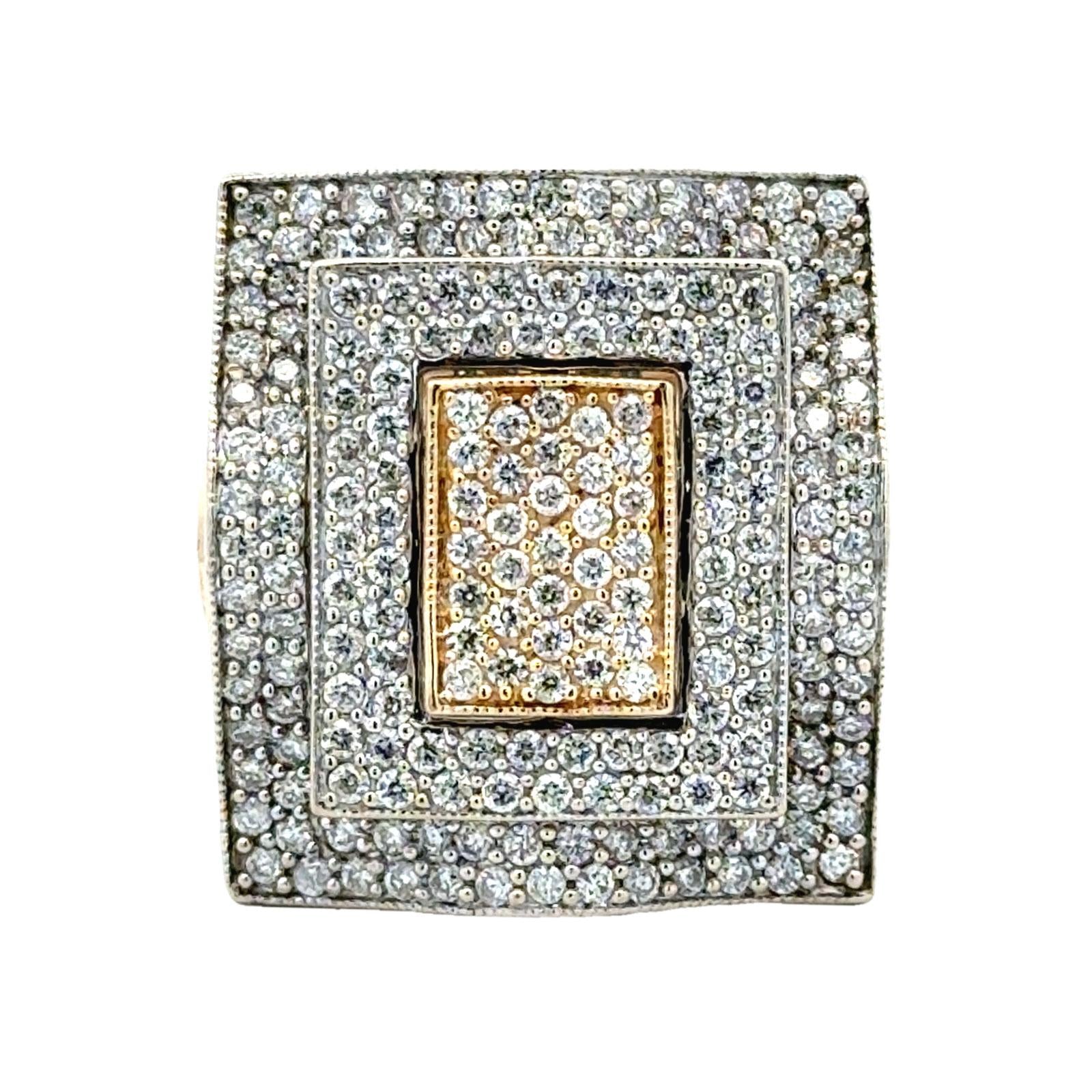Square Top Pavé Diamond 14 Karat Two Tone Gold Cocktail Statement Modern Ring