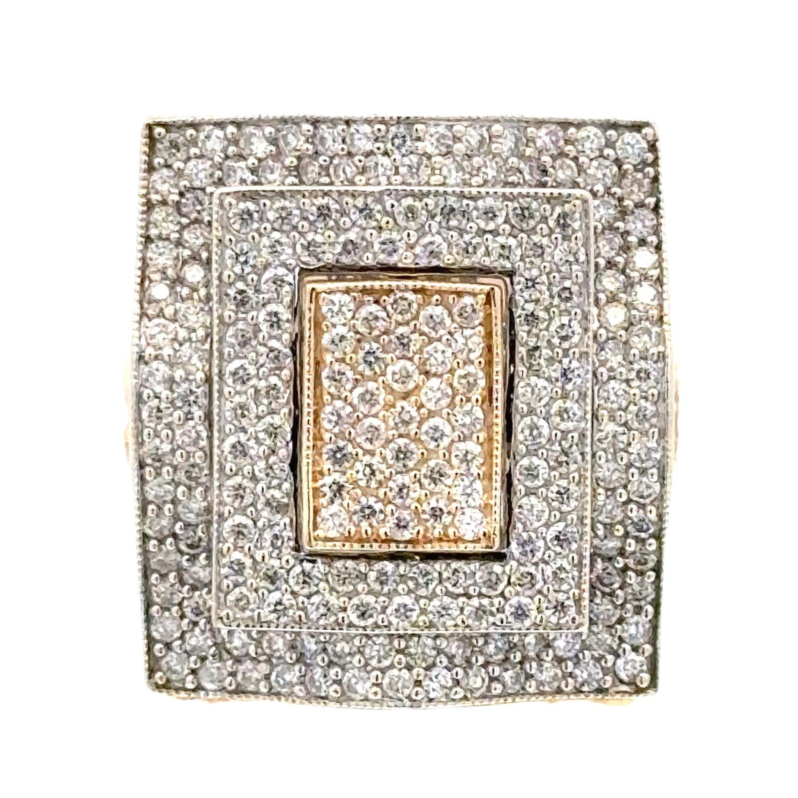 Square Top Pavé Diamond 14 Karat Two Tone Gold Cocktail Statement Modern Ring