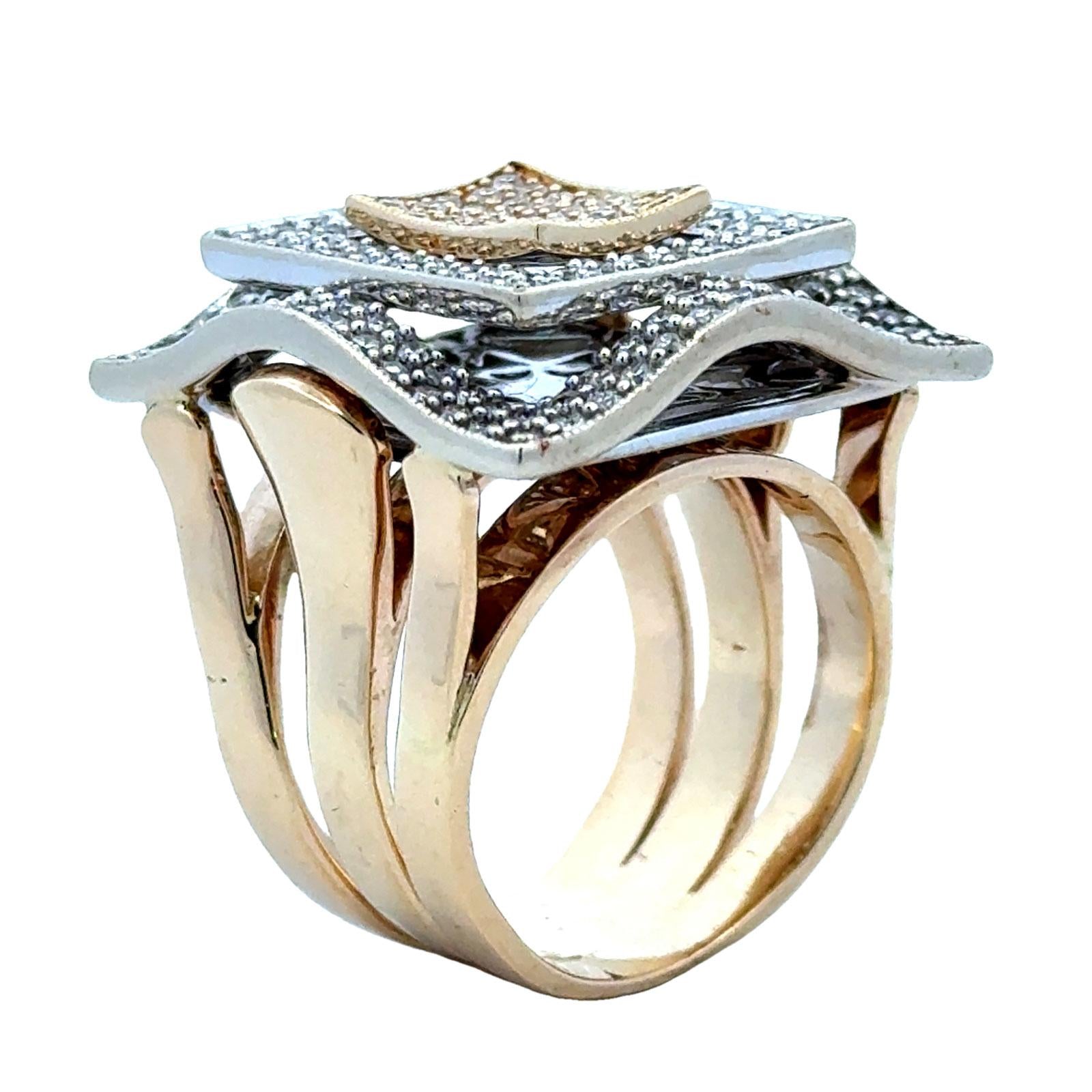 Square Top Pavé Diamond 14 Karat Two Tone Gold Cocktail Statement Modern Ring