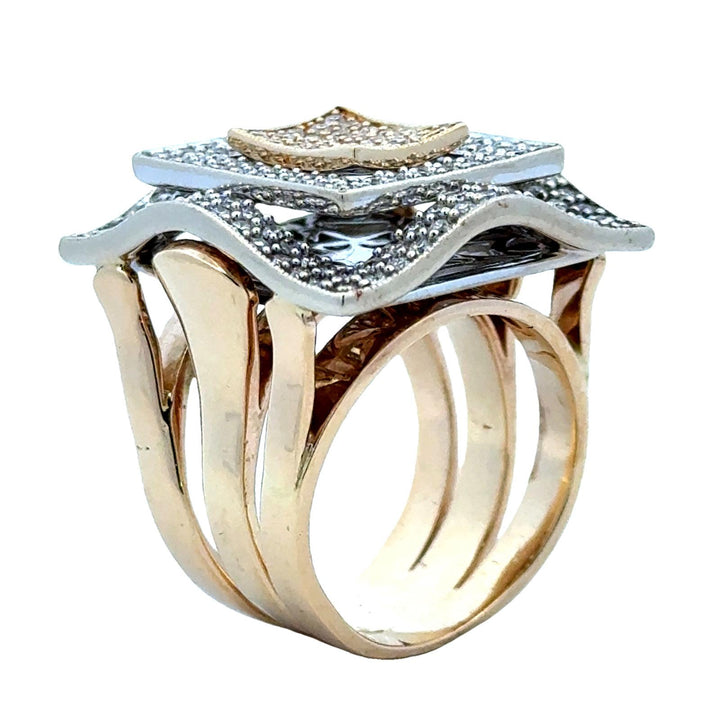 Square Top Pavé Diamond 14 Karat Two Tone Gold Cocktail Statement Modern Ring