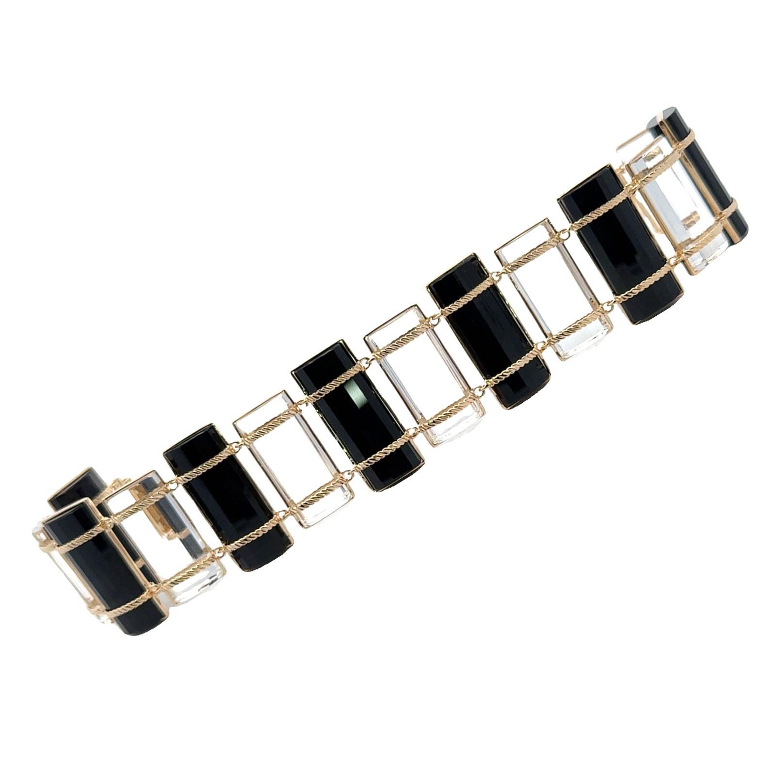 1960's Carved Onyx & Crystal 14 Karat Yellow Gold Vintage Link Bracelet