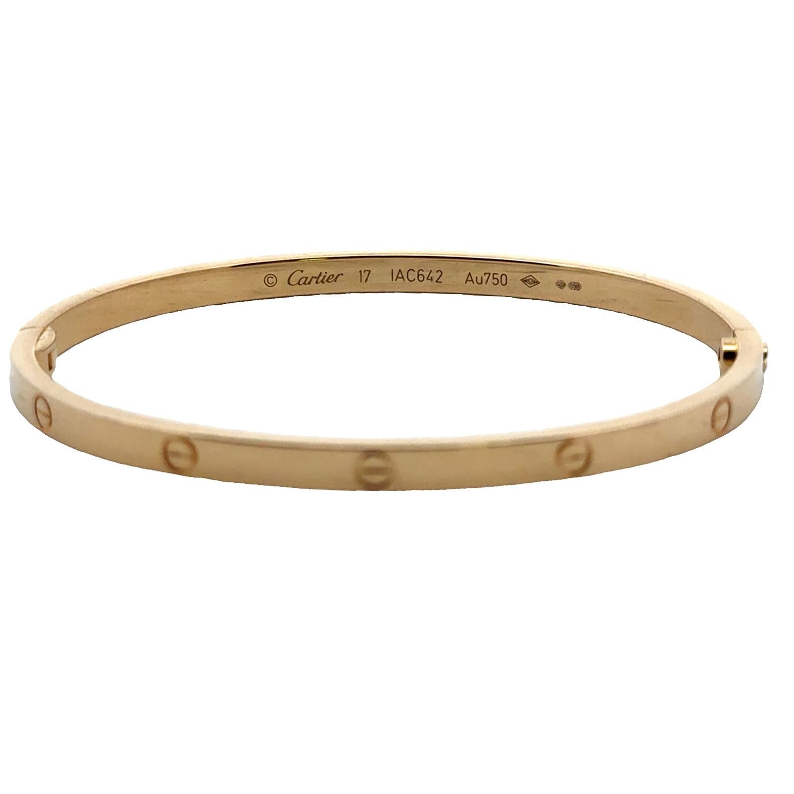Cartier LOVE 18 Karat Yellow gold Bangle Bracelet, Size 17 Small Model B&P