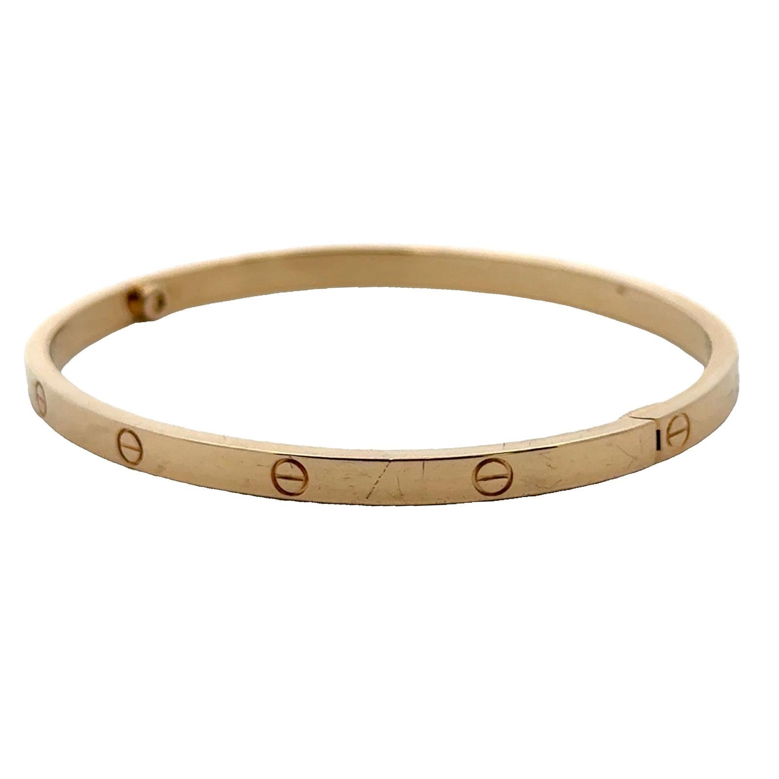 Cartier LOVE 18 Karat Yellow gold Bangle Bracelet, Size 17 Small Model B&P