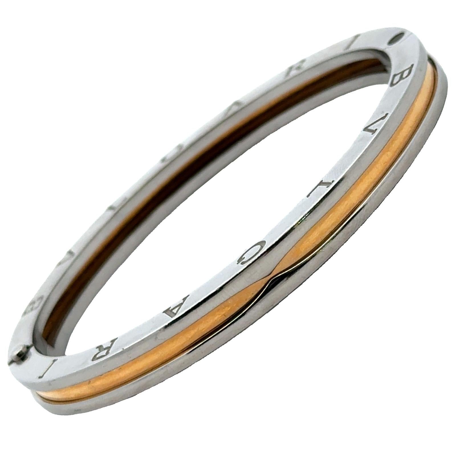 Bvlgari B.zero1 Stainless Steel 18K Yellow Gold Hinged Large Bangle Bracelet