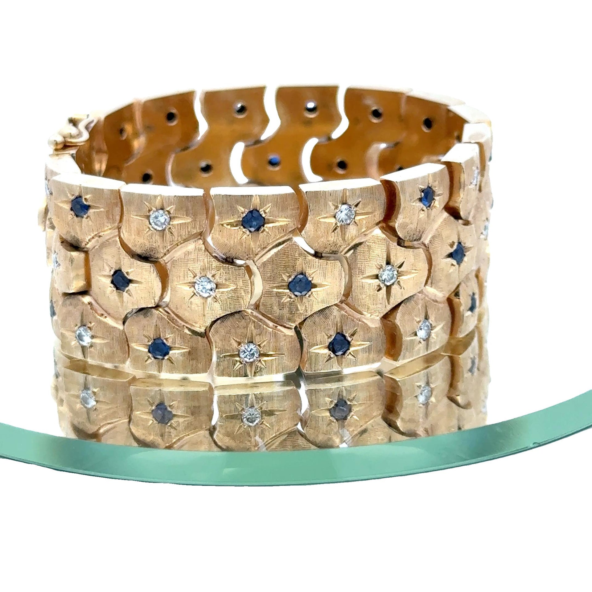 Mid-20th CenturyDiamond Sapphire 14 Karat Yellow Gold Wide Link Vintage Bracelet