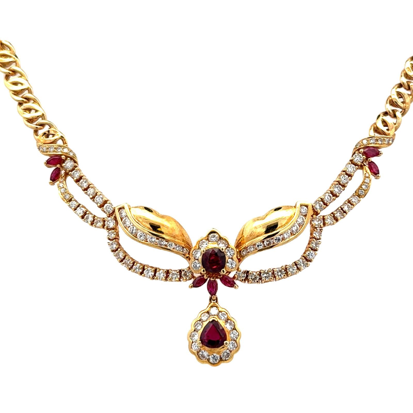 Late 20th Century Diamond Ruby 18 Karat Yellow Gold Drop Necklace