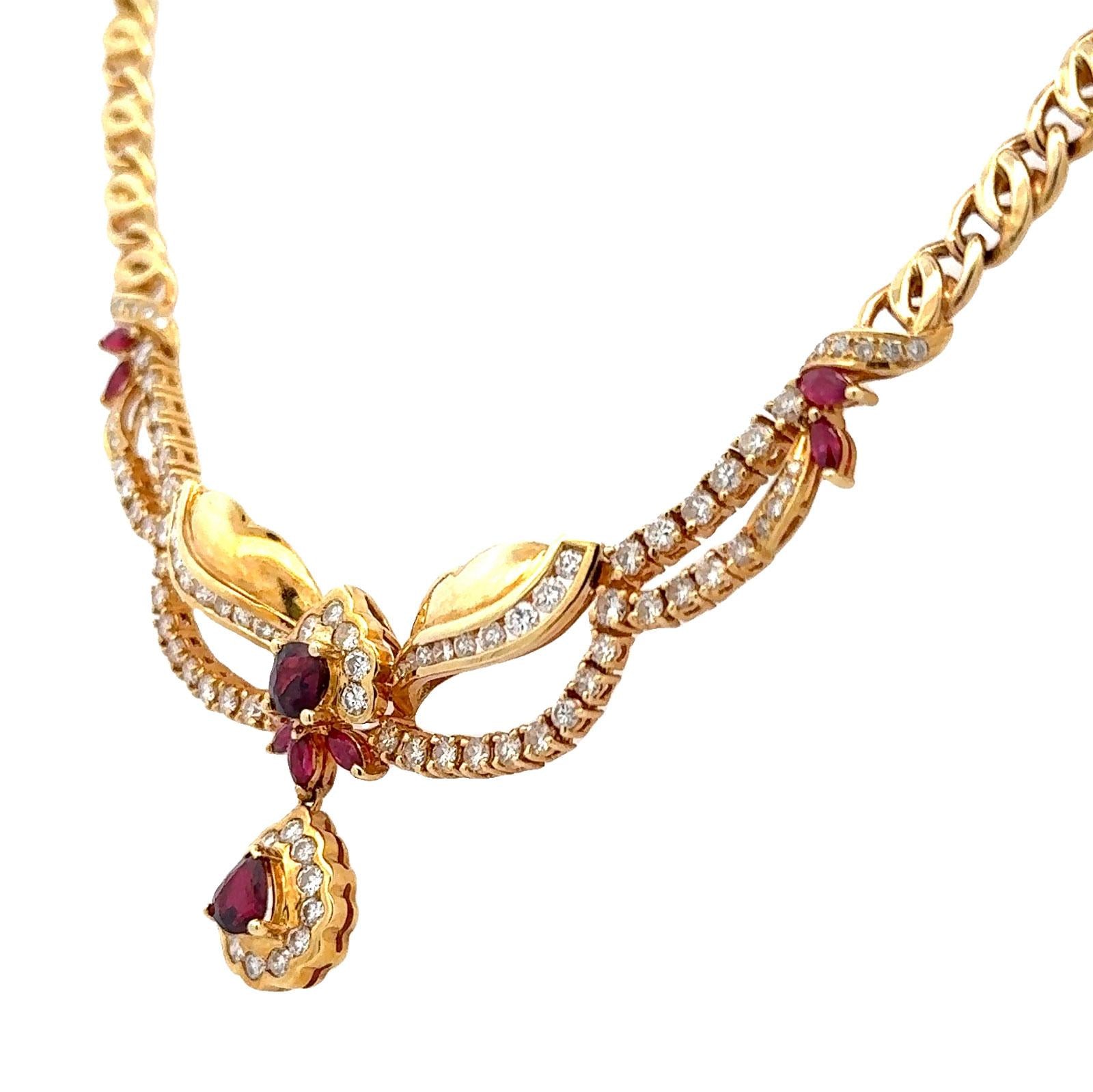 Late 20th Century Diamond Ruby 18 Karat Yellow Gold Drop Necklace