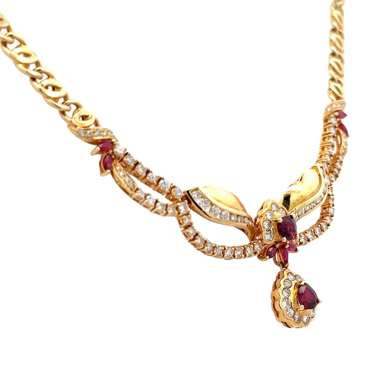 Late 20th Century Diamond Ruby 18 Karat Yellow Gold Drop Necklace