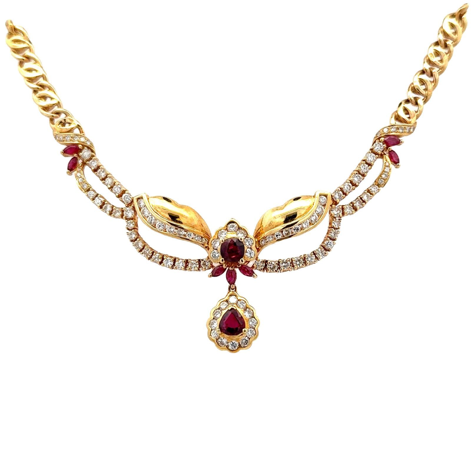 Late 20th Century Diamond Ruby 18 Karat Yellow Gold Drop Necklace