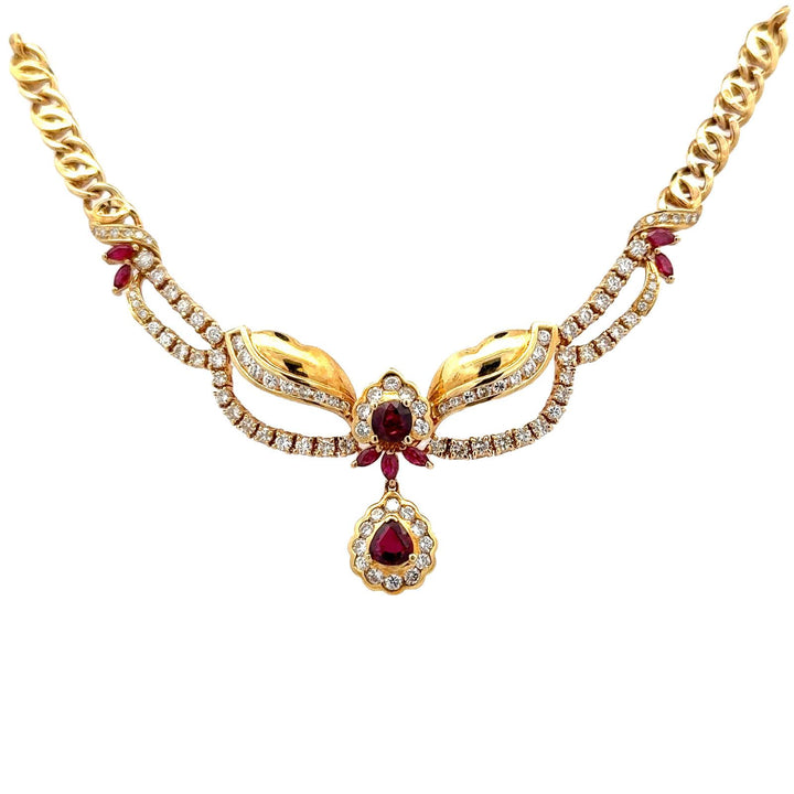 Late 20th Century Diamond Ruby 18 Karat Yellow Gold Drop Necklace
