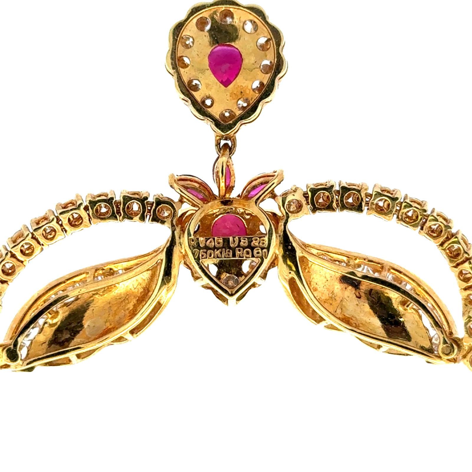 Late 20th Century Diamond Ruby 18 Karat Yellow Gold Drop Necklace