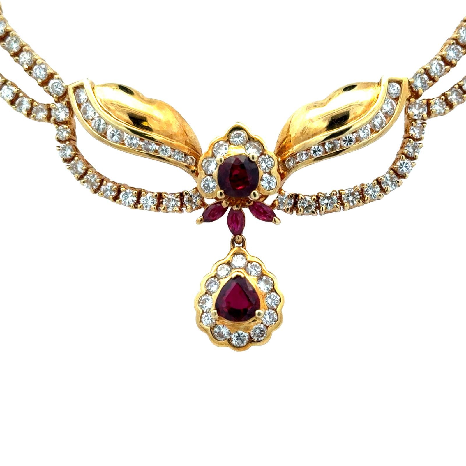 Late 20th Century Diamond Ruby 18 Karat Yellow Gold Drop Necklace