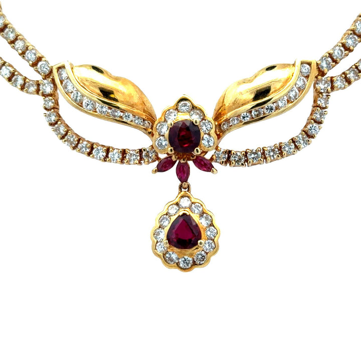 Late 20th Century Diamond Ruby 18 Karat Yellow Gold Drop Necklace