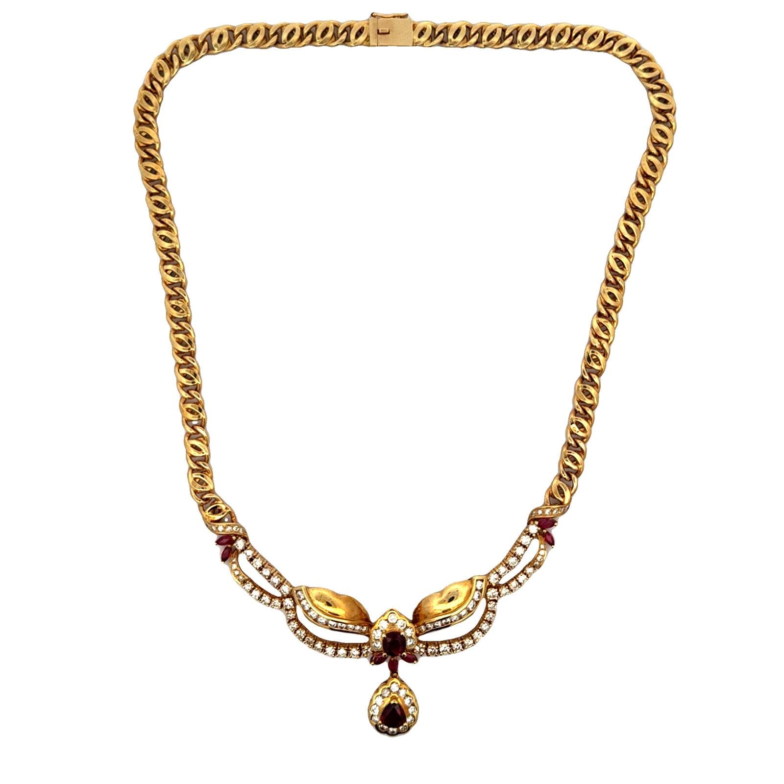 Late 20th Century Diamond Ruby 18 Karat Yellow Gold Drop Necklace