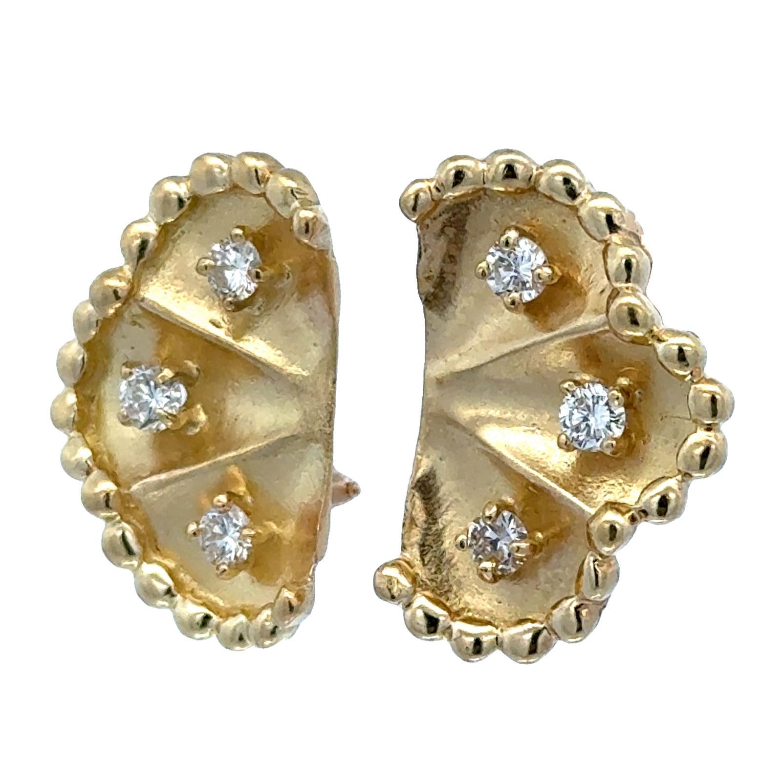 Late 20th Century Diamond 18 Karat Yellow Gold Fan Earrings Leverback Posts