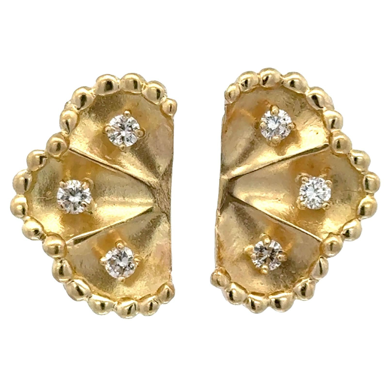 Late 20th Century Diamond 18 Karat Yellow Gold Fan Earrings Leverback Posts