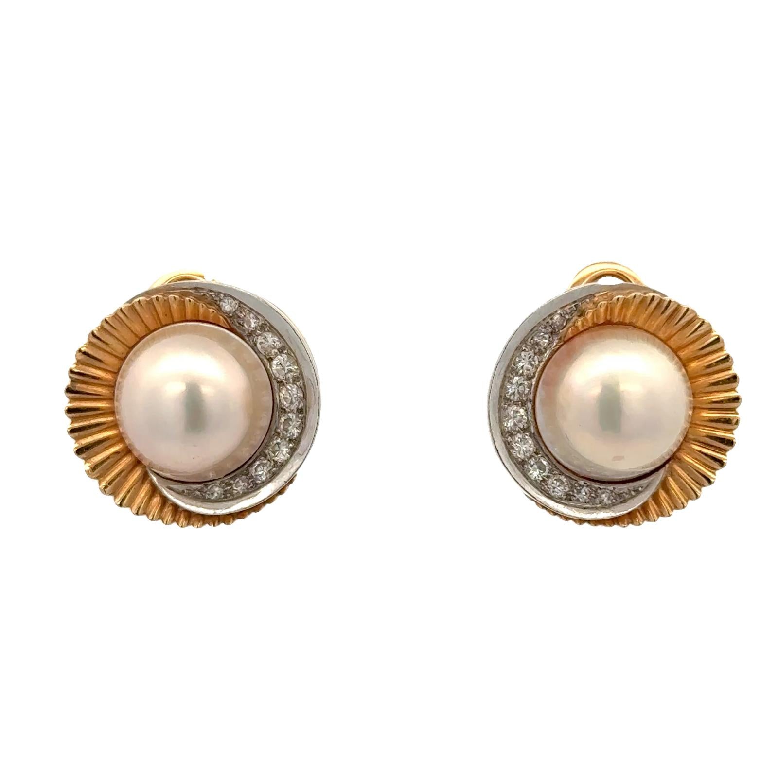 Late 20th Century Diamond & Mabe Pearl 18 Karat Gold Swirl Leverback Earrings