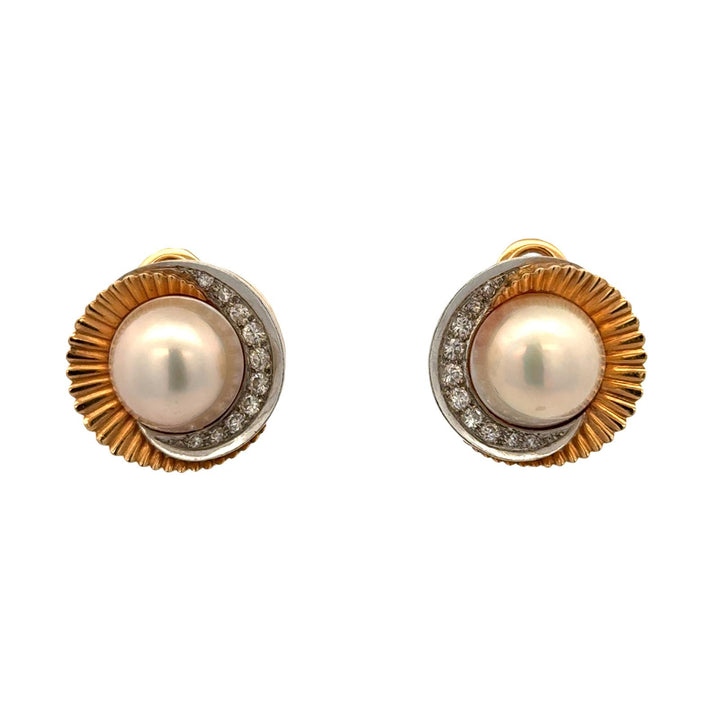 Late 20th Century Diamond & Mabe Pearl 18 Karat Gold Swirl Leverback Earrings