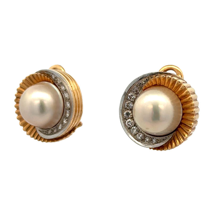 Late 20th Century Diamond & Mabe Pearl 18 Karat Gold Swirl Leverback Earrings