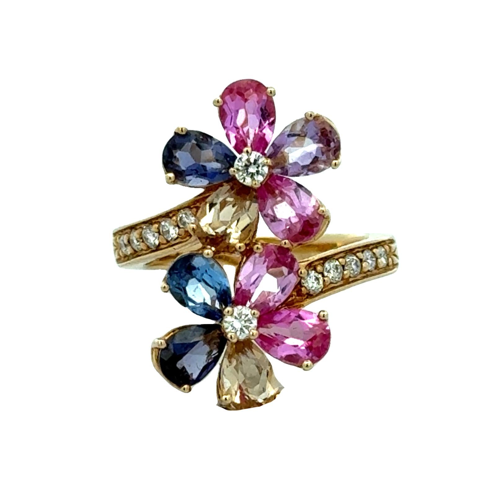 Diamond Colored Gemstone 14 Karat Yellow Gold Bypass Floral Ring