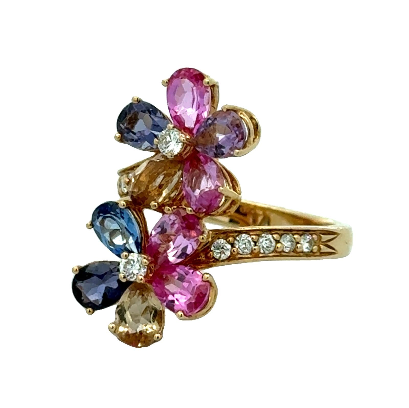 Diamond Colored Gemstone 14 Karat Yellow Gold Bypass Floral Ring