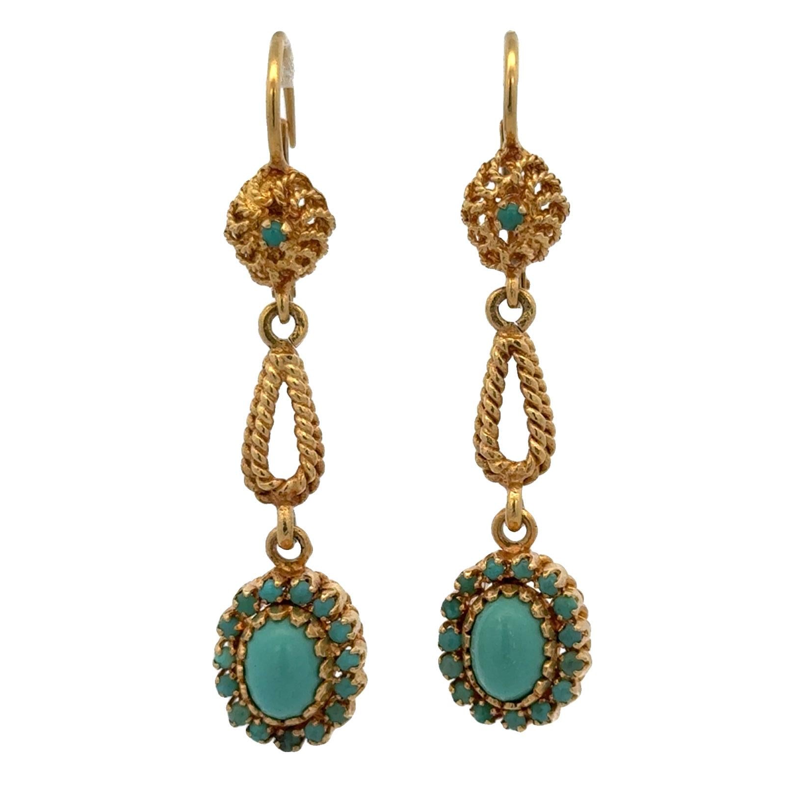 Mid-20th Century Turquoise 18 Karat Yellow Gold Drop Dangle Vintage Earrings