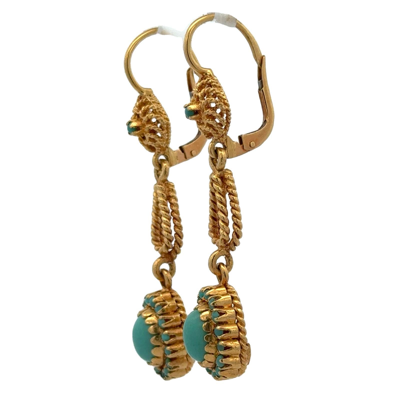 Mid-20th Century Turquoise 18 Karat Yellow Gold Drop Dangle Vintage Earrings