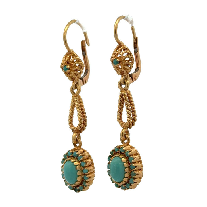 Mid-20th Century Turquoise 18 Karat Yellow Gold Drop Dangle Vintage Earrings