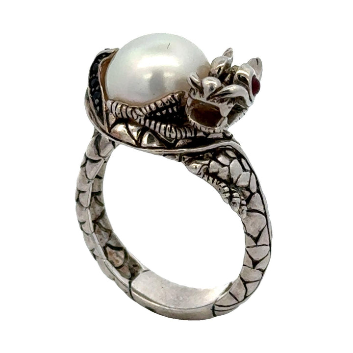 John Hardy Dragon Sterling Silver Ring with Pearl & Black Sapphire