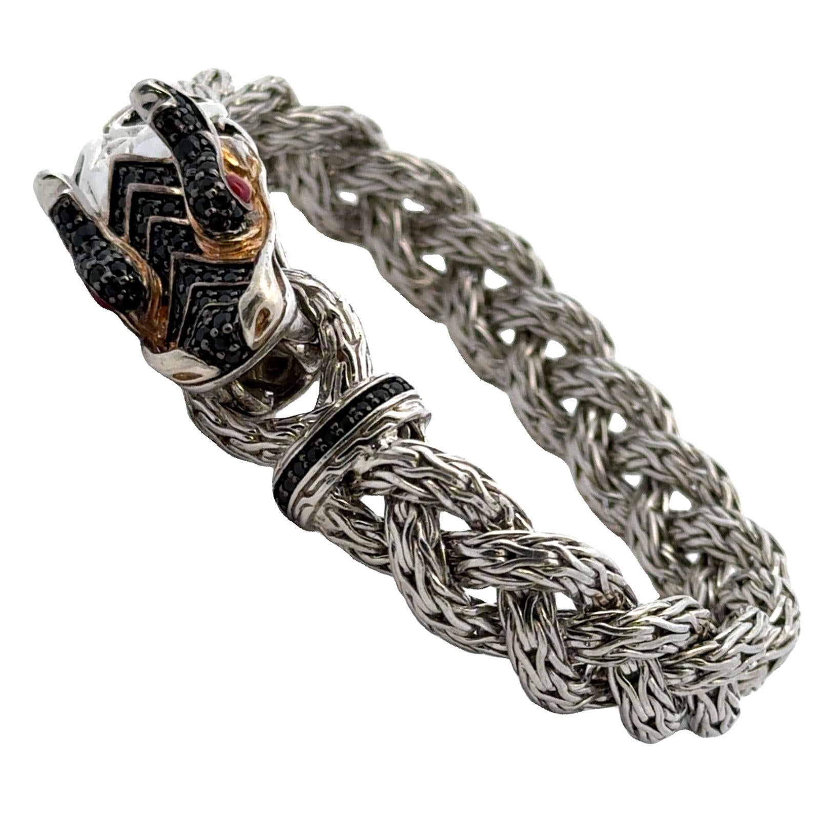 John Hardy Dragon Bracelet Braided SS/18KYG Black Sapphires & Ruby Eyes