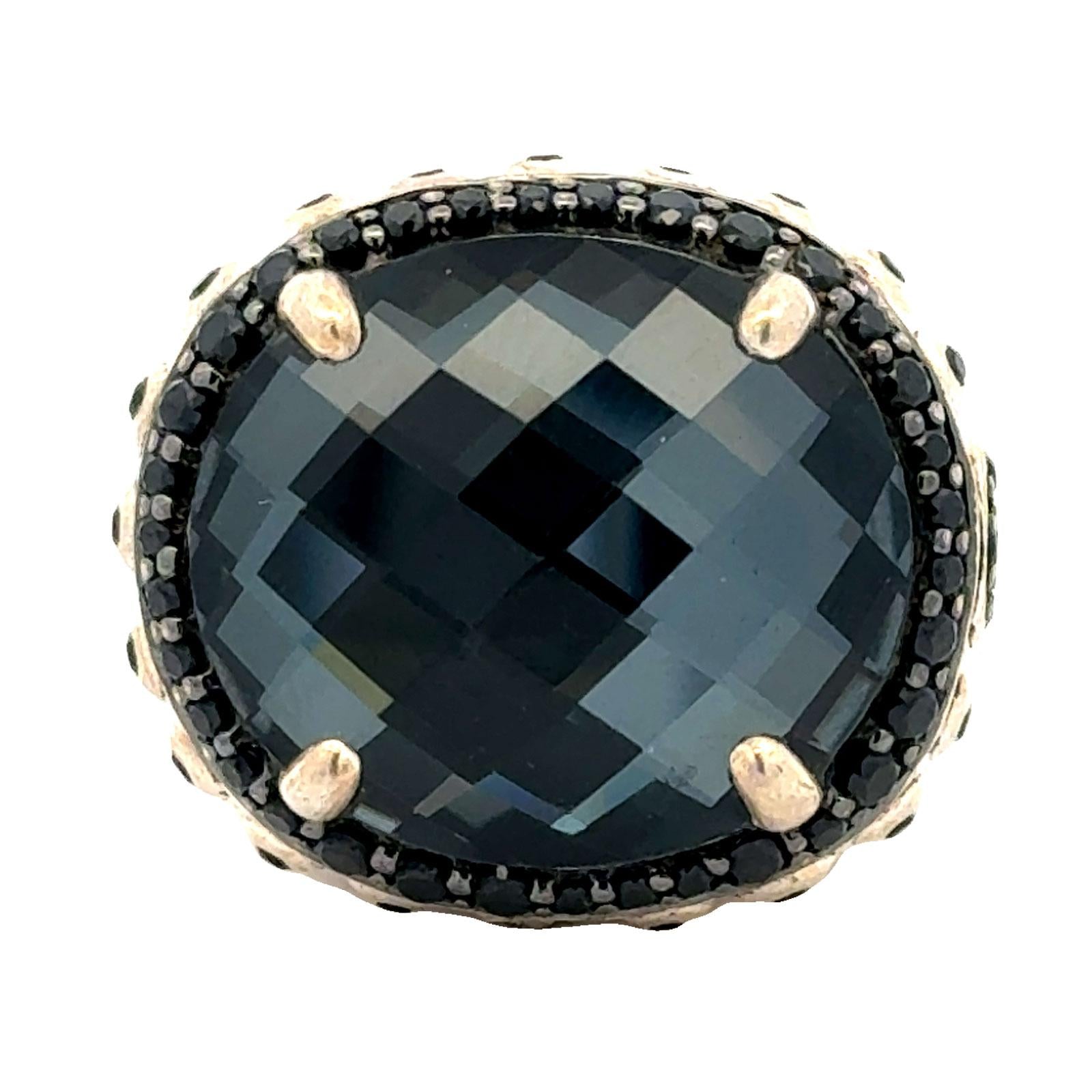 John Hardy Faceted Hematite Black Gemstone & Spinel Accent Silver Bamboo Ring