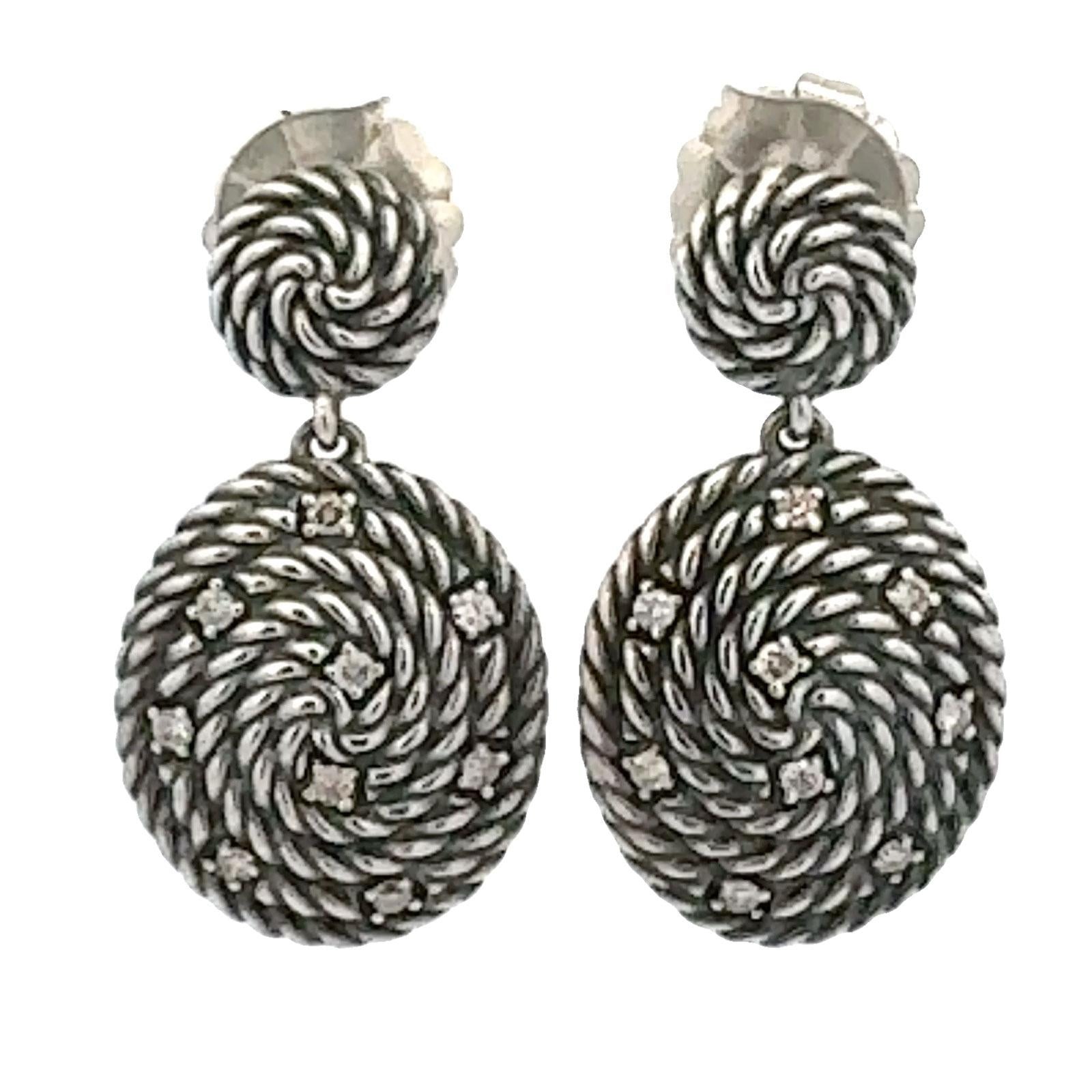 David Yurman Diamond Sterling Silver Cable Coil Drop Earrings