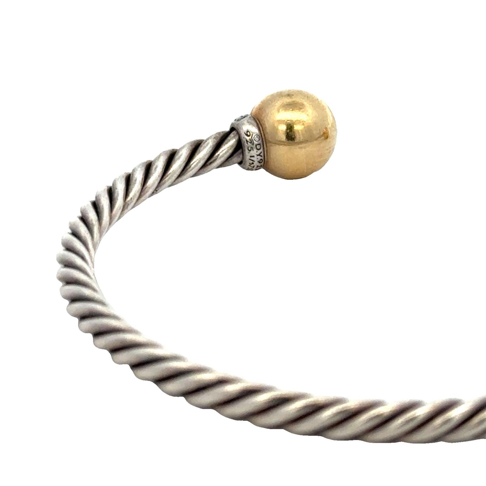David Yurman SS/18KYG Thin Diamond Cuff Bracelet Gold Ball End Caps Medium size