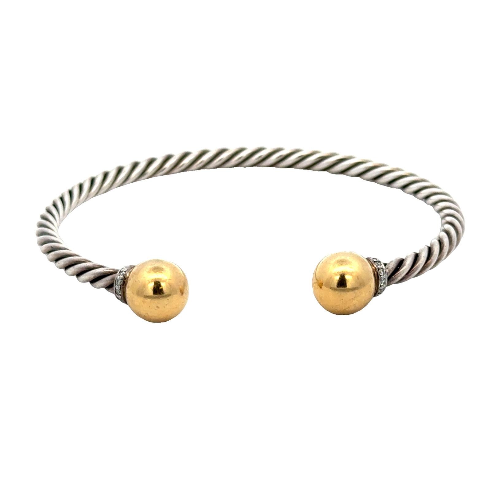 David Yurman SS/18KYG Thin Diamond Cuff Bracelet Gold Ball End Caps Medium size