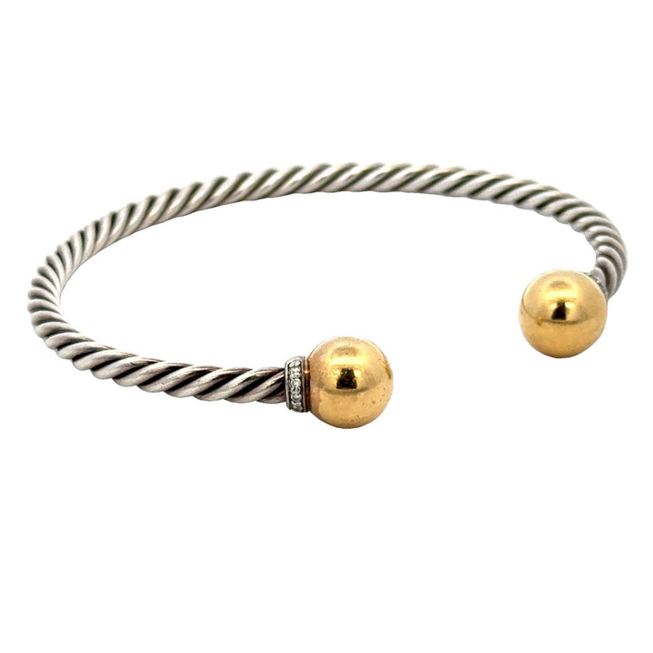 David Yurman SS/18KYG Thin Diamond Cuff Bracelet Gold Ball End Caps Medium size