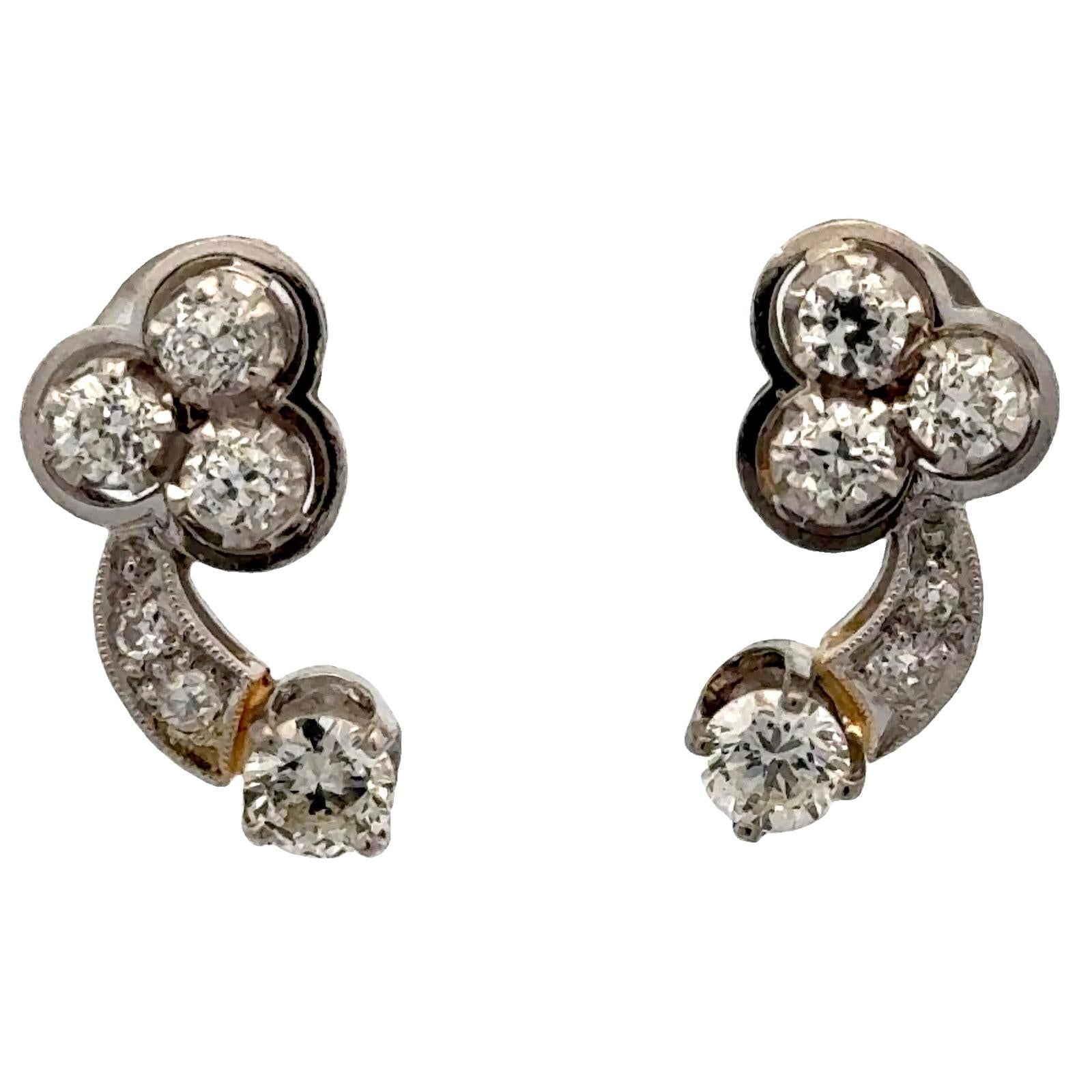 1950's Diamond 14 Karat White Gold Vintage Drop Earrings