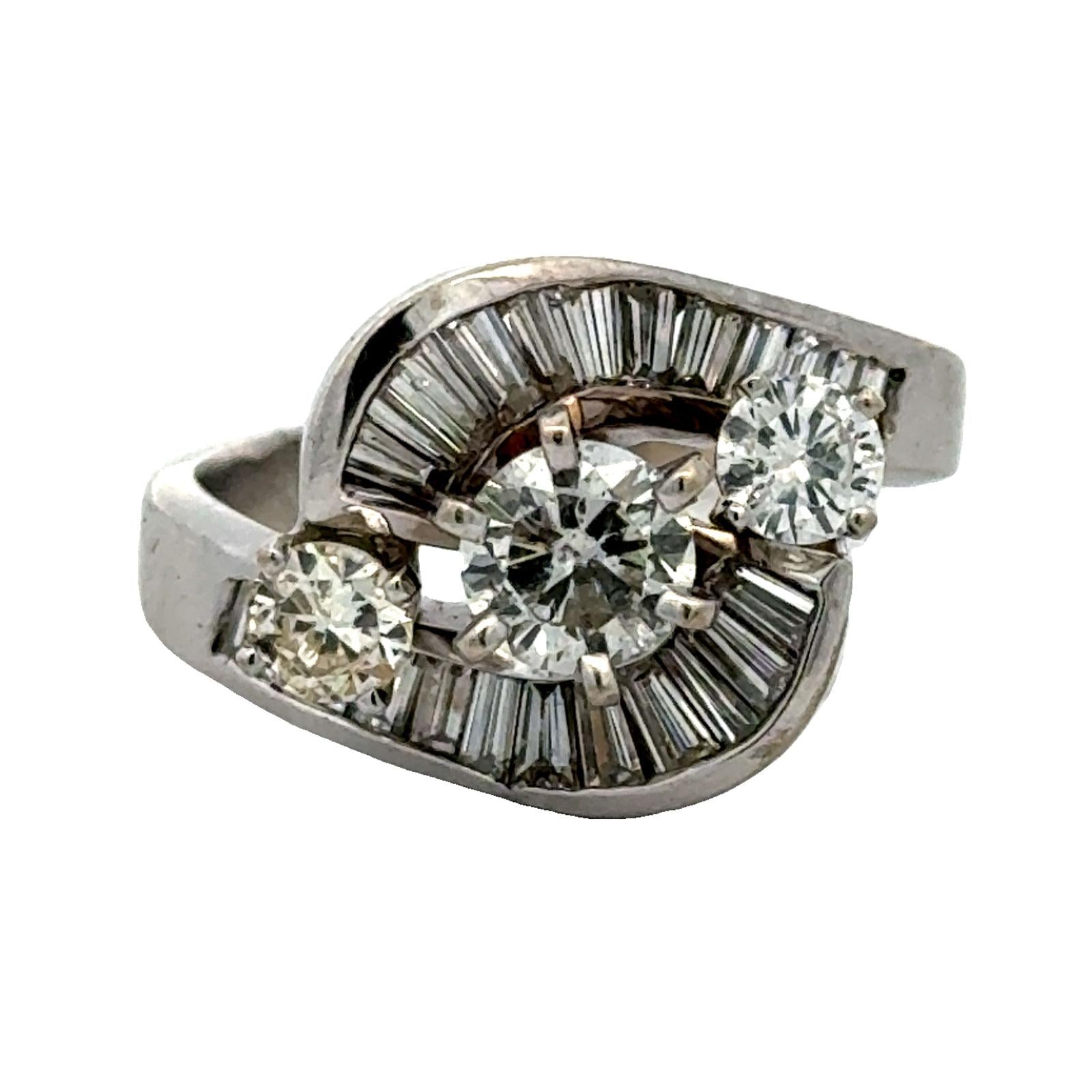 1950's Retro Baguette & Round Brilliant Diamond 18 Karat White Gold Vintage Ring