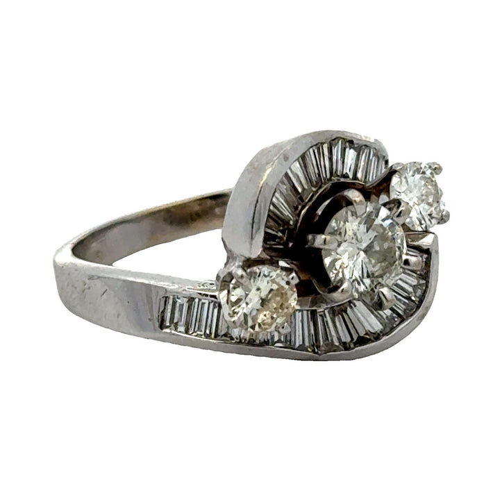 1950's Retro Baguette & Round Brilliant Diamond 18 Karat White Gold Vintage Ring