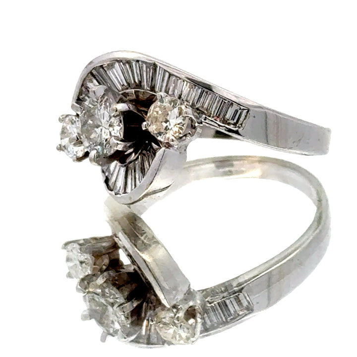 1950's Retro Baguette & Round Brilliant Diamond 18 Karat White Gold Vintage Ring