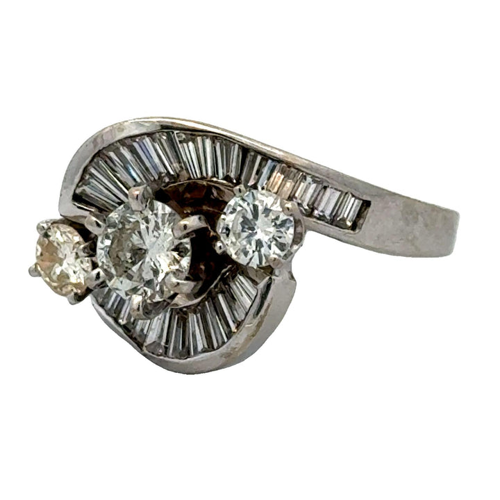 1950's Retro Baguette & Round Brilliant Diamond 18 Karat White Gold Vintage Ring
