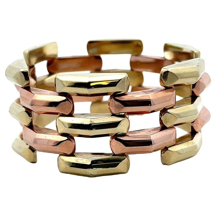 1950's Retro Yellow & Rose 14 Karat Gold Wide Link Three Row Bracelet
