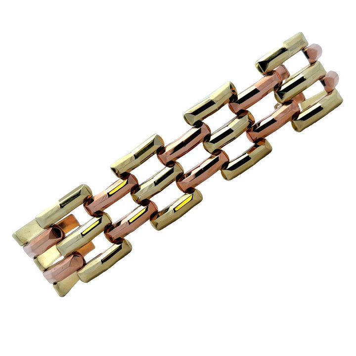 1950's Retro Yellow & Rose 14 Karat Gold Wide Link Three Row Bracelet