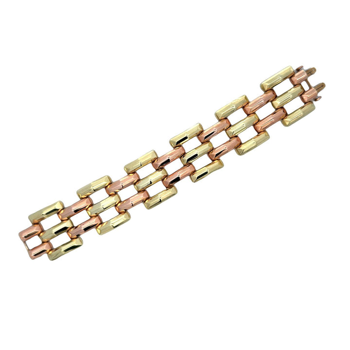 1950's Retro Yellow & Rose 14 Karat Gold Wide Link Three Row Bracelet