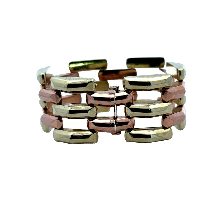 1950's Retro Yellow & Rose 14 Karat Gold Wide Link Three Row Bracelet